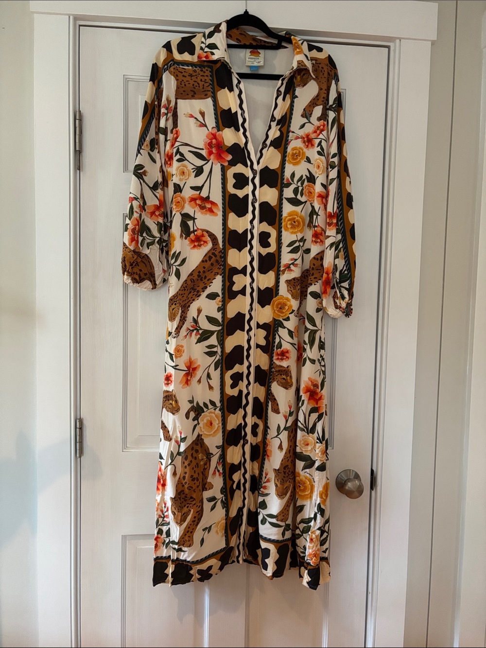 Farm Rio Floral & Leopard Print Long Shirt Dress - Cream Size S